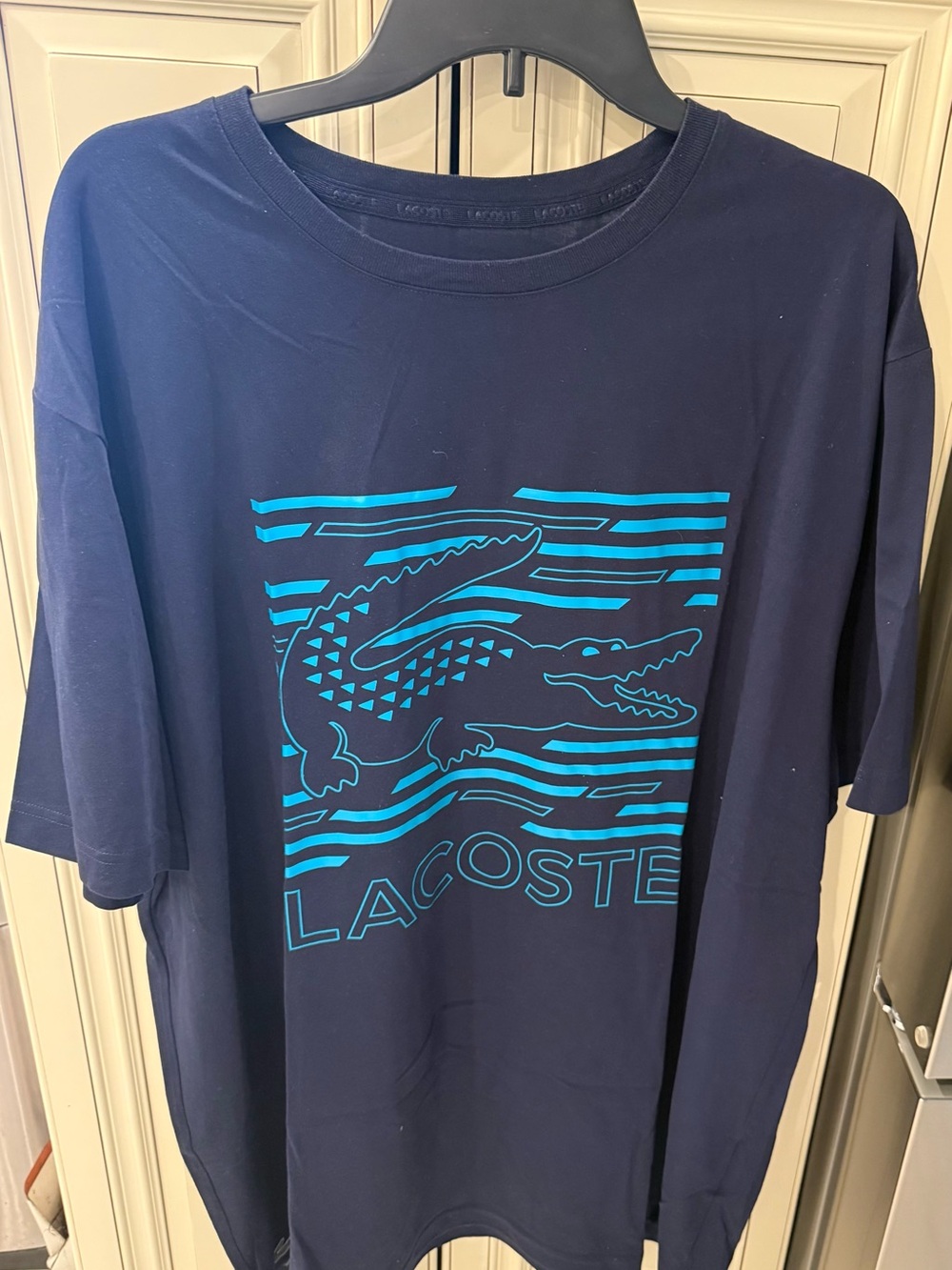 Lacoste Navy Blue Short Sleeve Tee with Turquoise Crocodile Graphic